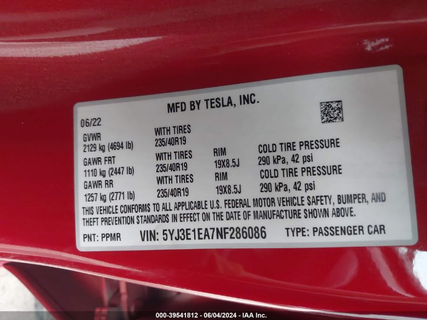 2022 TESLA MODEL 3 REAR-WHEEL DRIVE - 5YJ3E1EA7NF286086