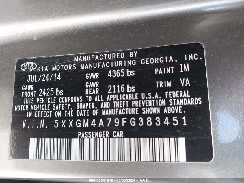 2015 Kia Optima Lx VIN: 5XXGM4A79FG383451 Lot: 39541816