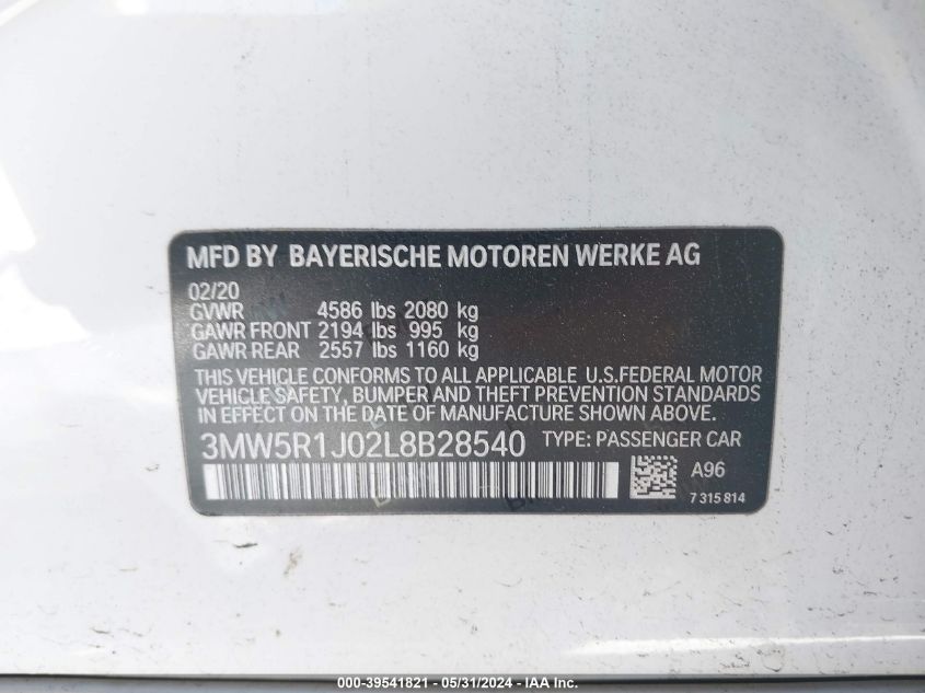 2020 BMW 330I VIN: 3MW5R1J02L8B28540 Lot: 39541821