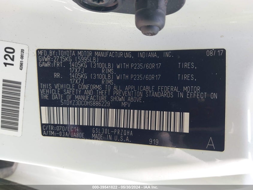 2017 Toyota Sienna Xle 8 Passenger VIN: 5TDYZ3DC0HS886229 Lot: 39541822