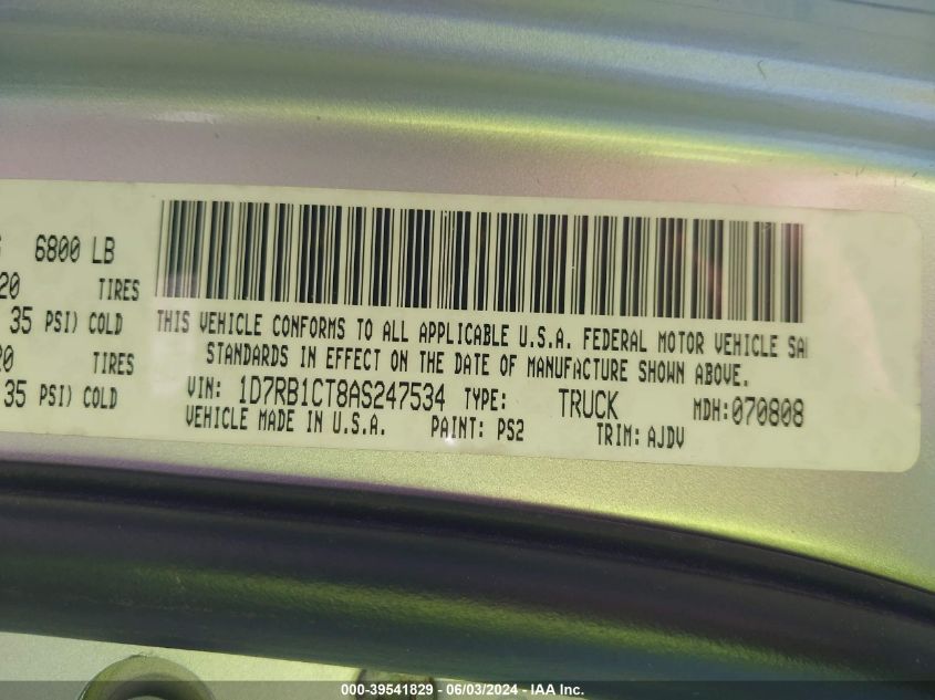 2010 Dodge Ram 1500 Slt/Sport/Trx VIN: 1D7RB1CT8AS247534 Lot: 39541829