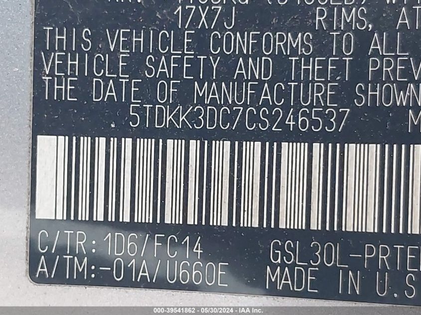 2012 Toyota Sienna Le V6 8 Passenger VIN: 5TDKK3DC7CS246537 Lot: 39541862