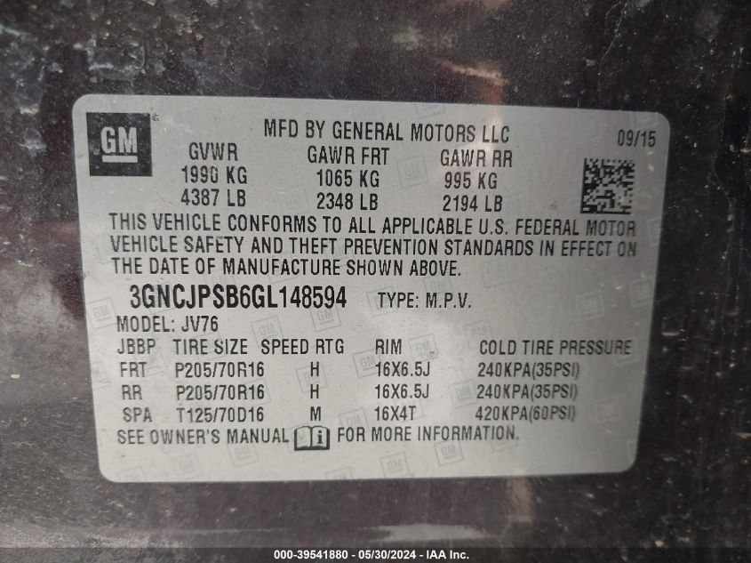 2016 Chevrolet Trax Lt VIN: 3GNCJPSB6GL148594 Lot: 39541880