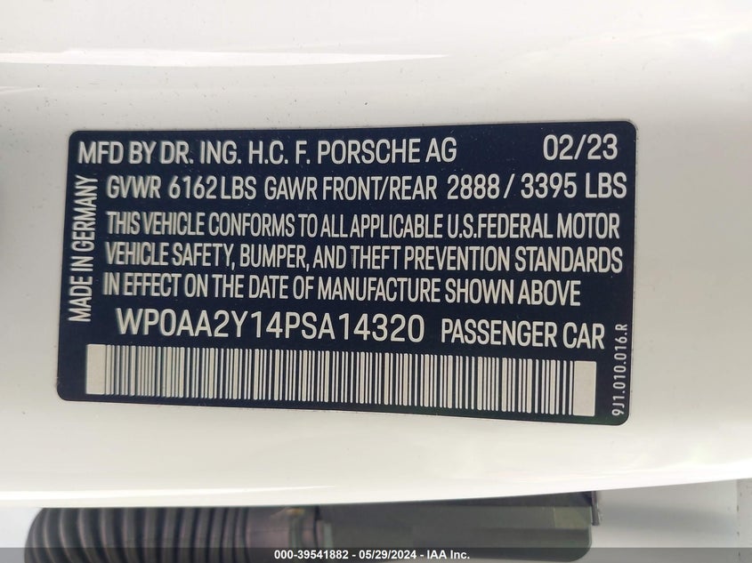 VIN WP0AA2Y14PSA14320 2023 PORSCHE TAYCAN