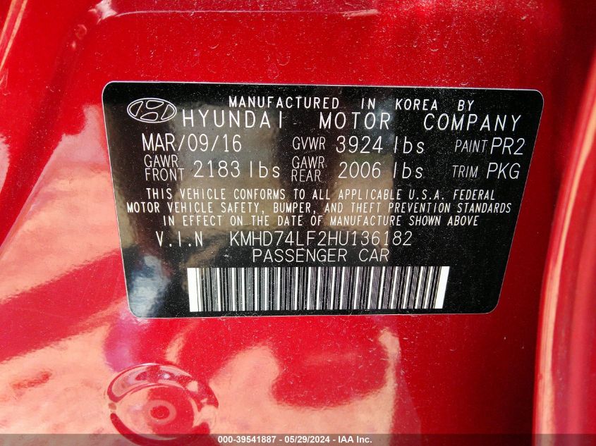 KMHD74LF2HU136182 2017 Hyundai Elantra Se