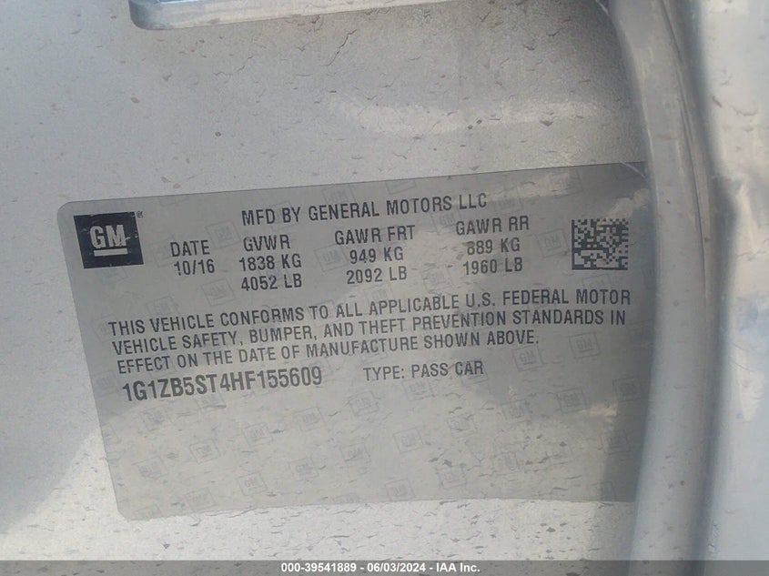 2017 Chevrolet Malibu Ls VIN: 1G1ZB5ST4HF155609 Lot: 39541889