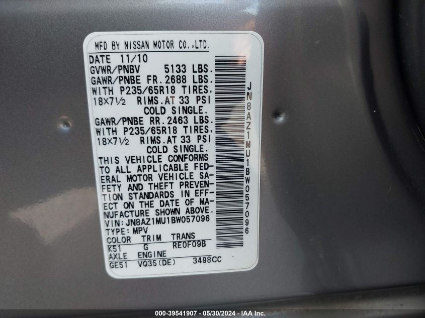 2011 Nissan Murano Sl VIN: JN8AZ1MU1BW057096 Lot: 39541907