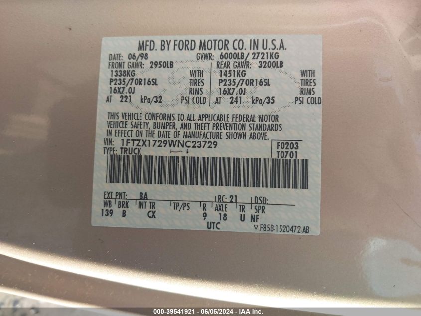 1998 Ford F150 VIN: 1FTZX1729WNC23729 Lot: 39541921