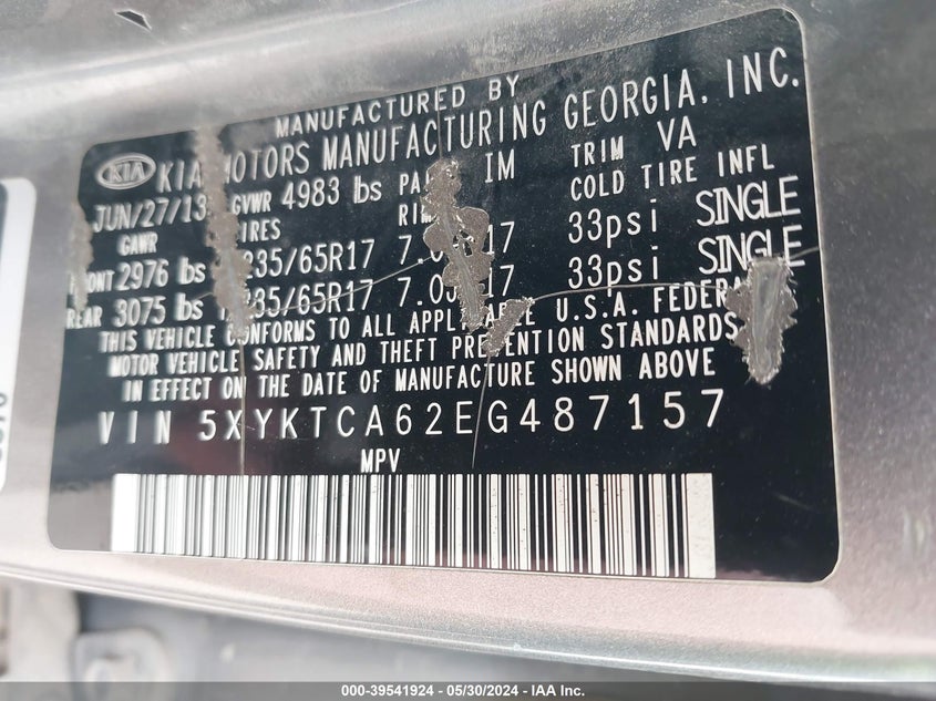 2014 Kia Sorento Lx VIN: 5XYKTCA62EG487157 Lot: 39541924