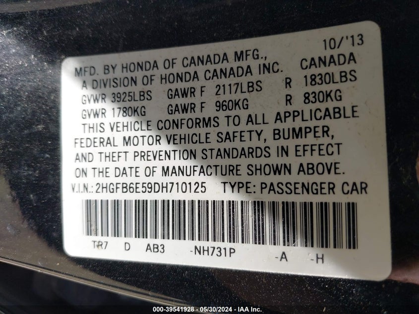 2013 Honda Civic Si VIN: 2HGFB6E59DH710125 Lot: 39541928