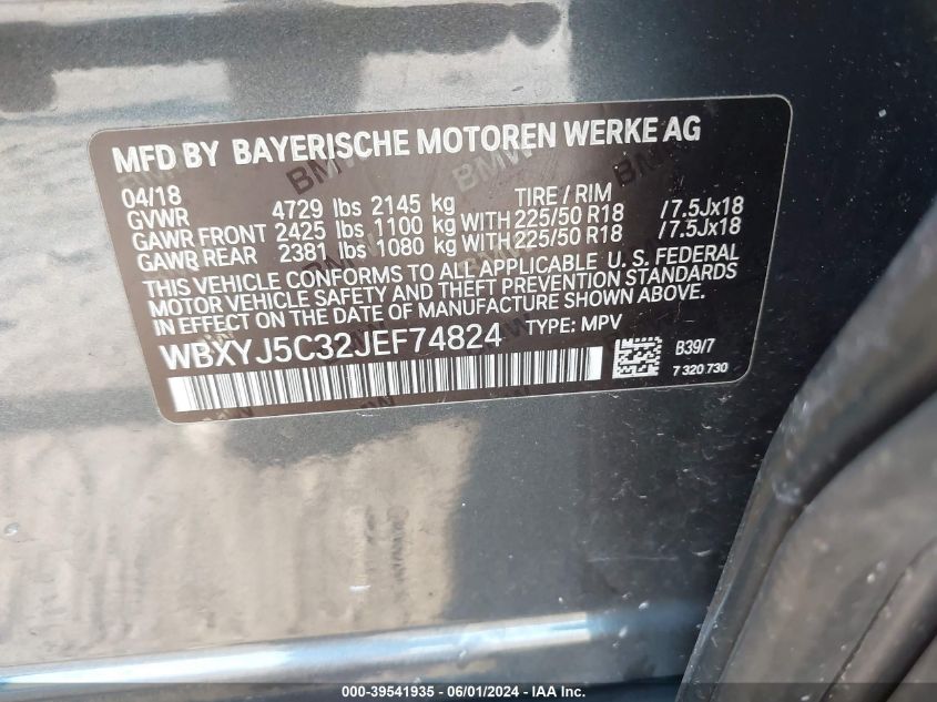 2018 BMW X2 xDrive28I VIN: WBXYJ5C32JEF74824 Lot: 39541935