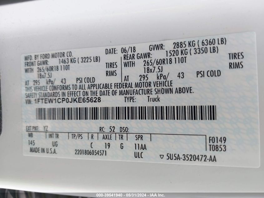 2018 Ford F-150 Xlt VIN: 1FTEW1CP0JKE65628 Lot: 39541940