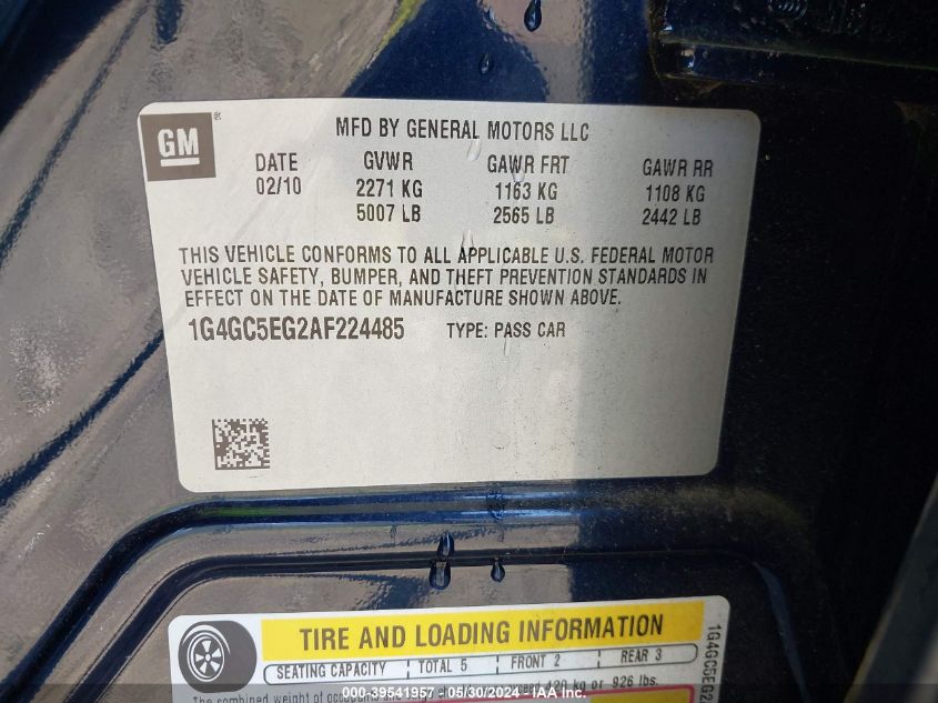 2010 Buick Lacrosse Cxl VIN: 1G4GC5EG2AF224485 Lot: 39541957