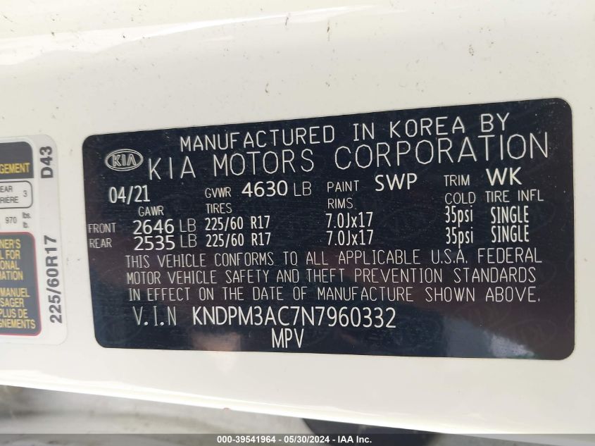 2022 Kia Sportage Lx VIN: KNDPM3AC7N7960332 Lot: 39541964