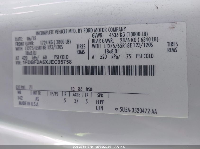 2018 Ford F-250 Xl VIN: 1FDBF2A6XJEC95758 Lot: 39541970