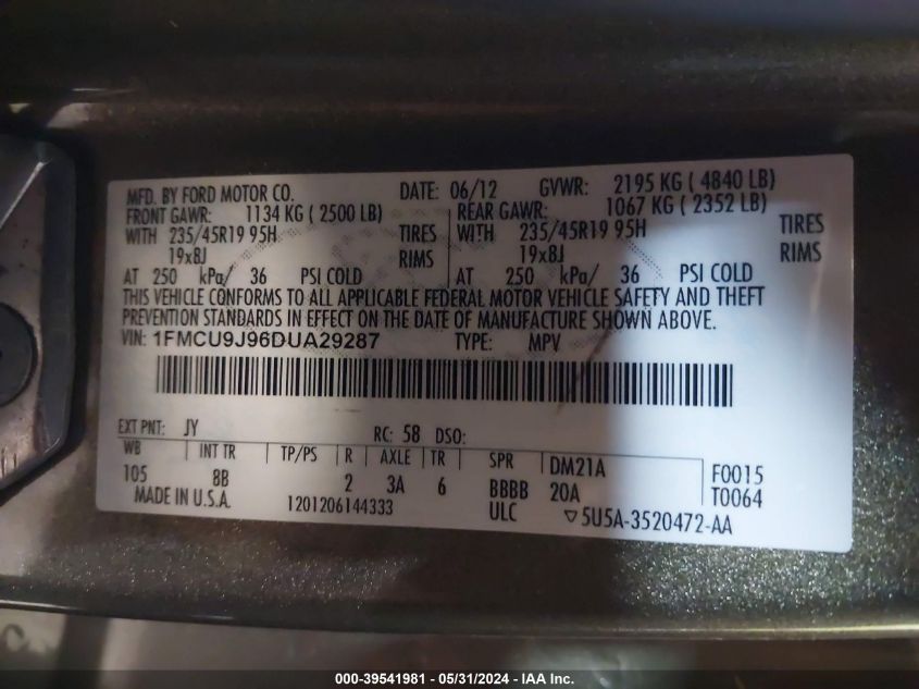 2013 Ford Escape Titanium VIN: 1FMCU9J96DUA29287 Lot: 39541981