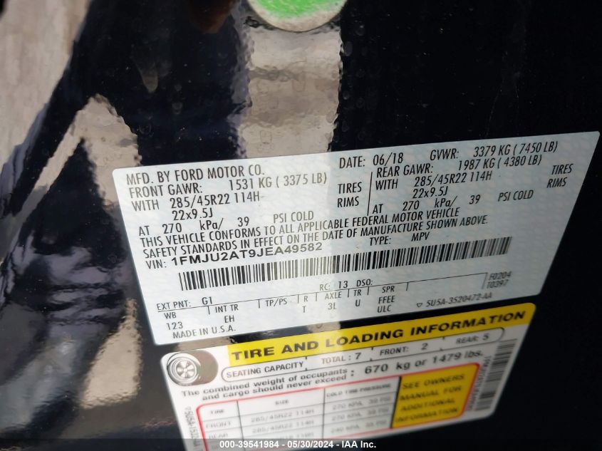 2018 Ford Expedition Limited VIN: 1FMJU2AT9JEA49582 Lot: 39541984