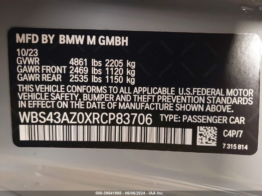 2024 BMW M4 Competition xDrive VIN: WBS43AZ0XRCP83706 Lot: 39541985