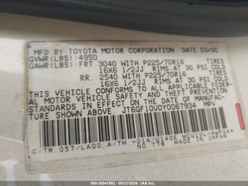 2000 Lexus Rx 300 VIN: JT6GF10U0Y0067934 Lot: 39541992