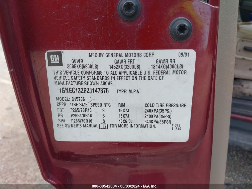 2002 Chevrolet Tahoe Lt VIN: 1GNEC13Z82J147376 Lot: 39542004