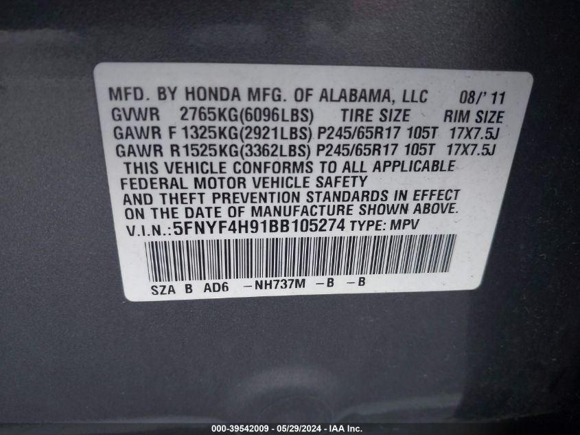 2011 Honda Pilot Touring VIN: 5FNYF4H91BB105274 Lot: 39542009