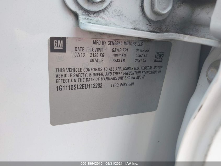 2014 Chevrolet Impala 1Lt VIN: 1G1115SL2EU112233 Lot: 39542010