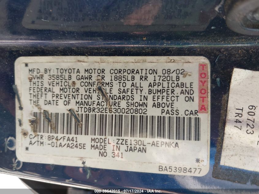 2003 Toyota Corolla Le VIN: JTDBR32E630020802 Lot: 39542015