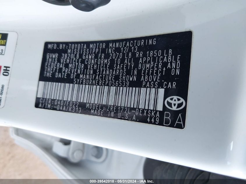 2014 TOYOTA COROLLA L/LE/LE PLS/PRM/S/S PLS - 5YFBURHE8EP056539