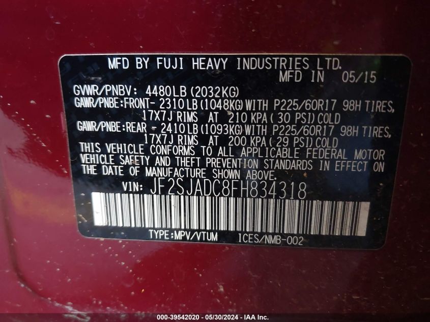 2015 Subaru Forester 2.5I Premium VIN: JF2SJADC8FH834318 Lot: 39542020