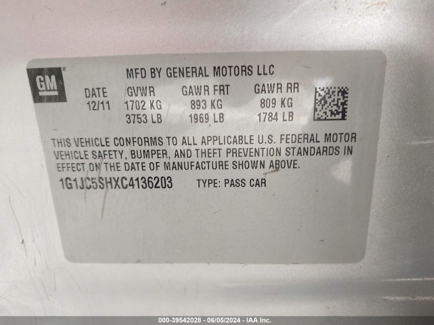 2012 Chevrolet Sonic 2Lt VIN: 1G1JC5SHXC4136203 Lot: 39542028