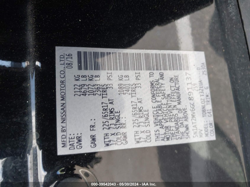 2016 Nissan Rogue Sv VIN: 5N1AT2MV6GC891137 Lot: 39542043