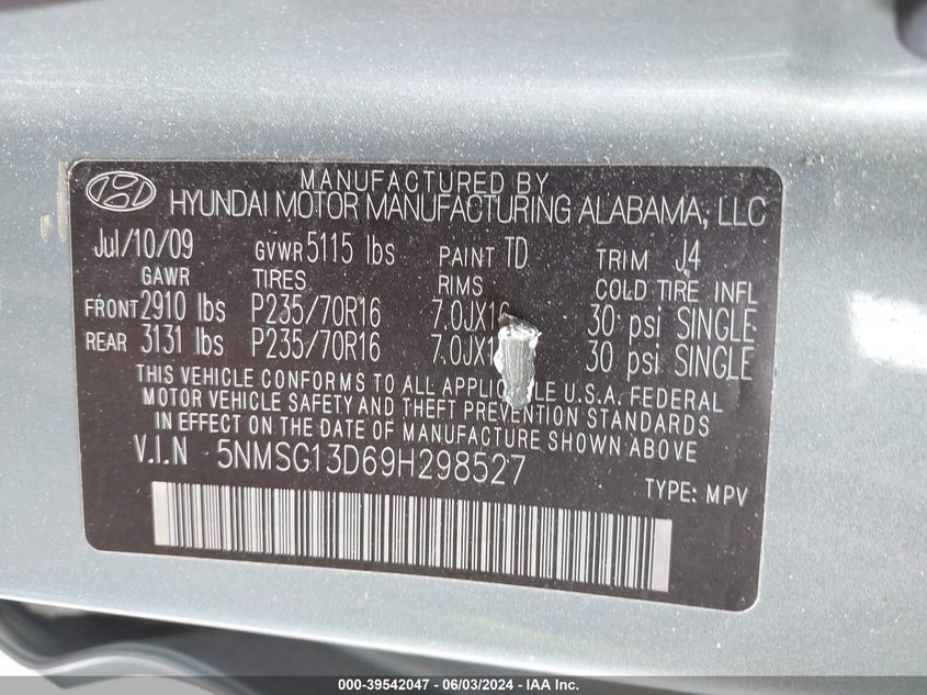 2009 Hyundai Santa Fe Gls VIN: 5NMSG13D69H298527 Lot: 39542047