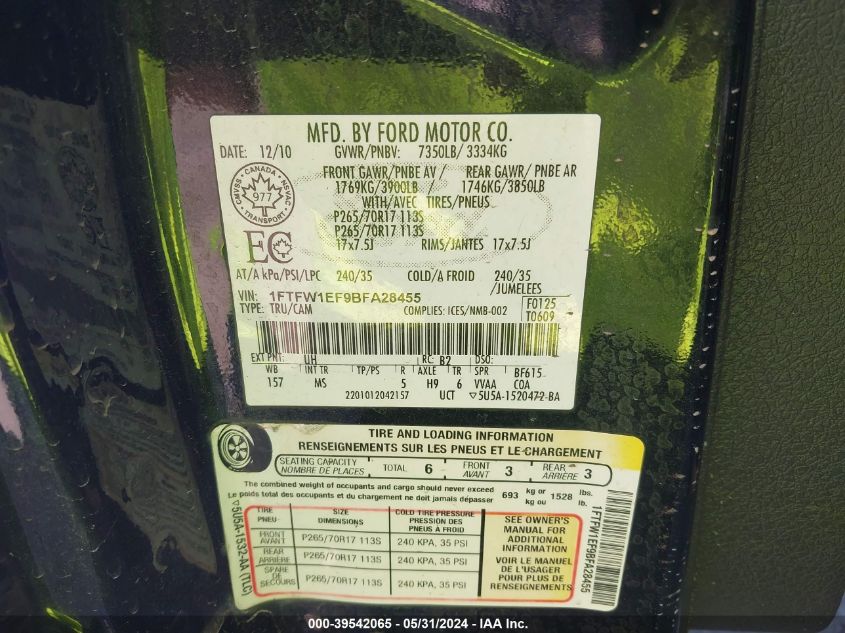 2011 Ford F-150 Xlt VIN: 1FTFW1EF9BFA28455 Lot: 39542065