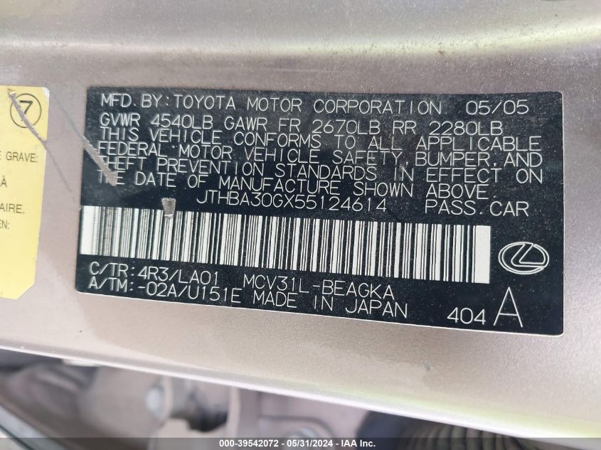 2005 Lexus Es 330 VIN: JTHBA30GX55124614 Lot: 39542072