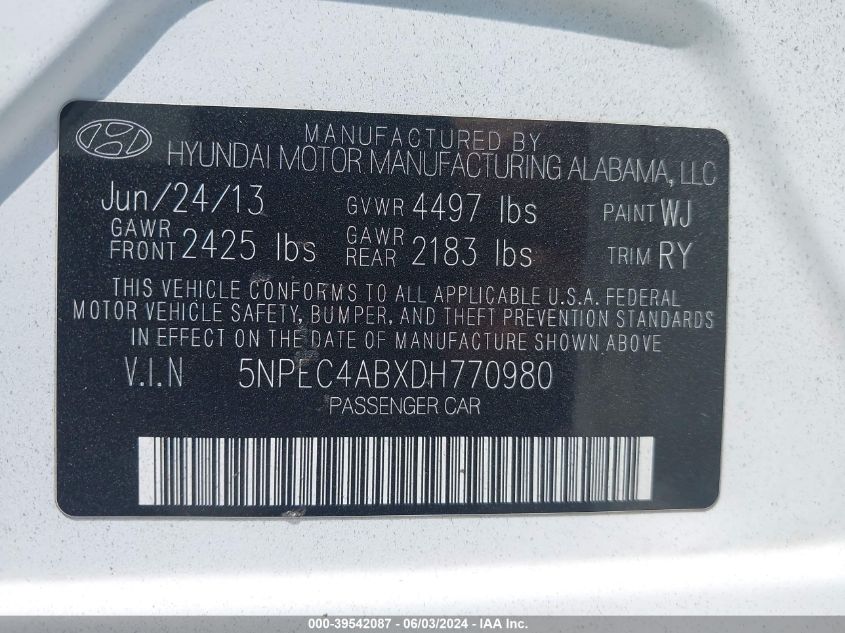 2013 HYUNDAI SONATA SE 2.0T - 5NPEC4ABXDH770980