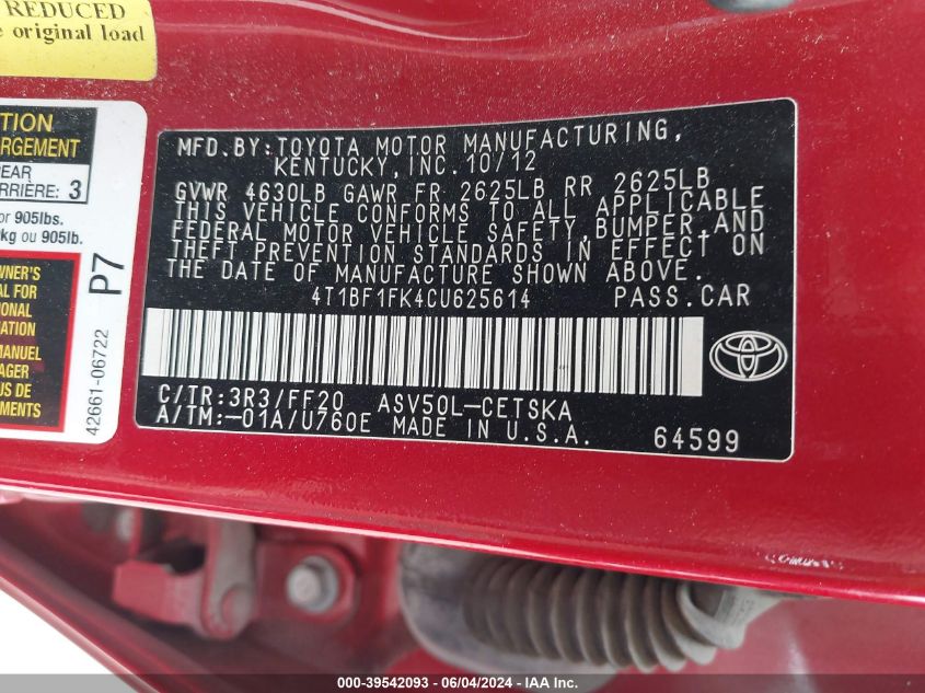 2012 Toyota Camry Se VIN: 4T1BF1FK4CU625614 Lot: 39542093