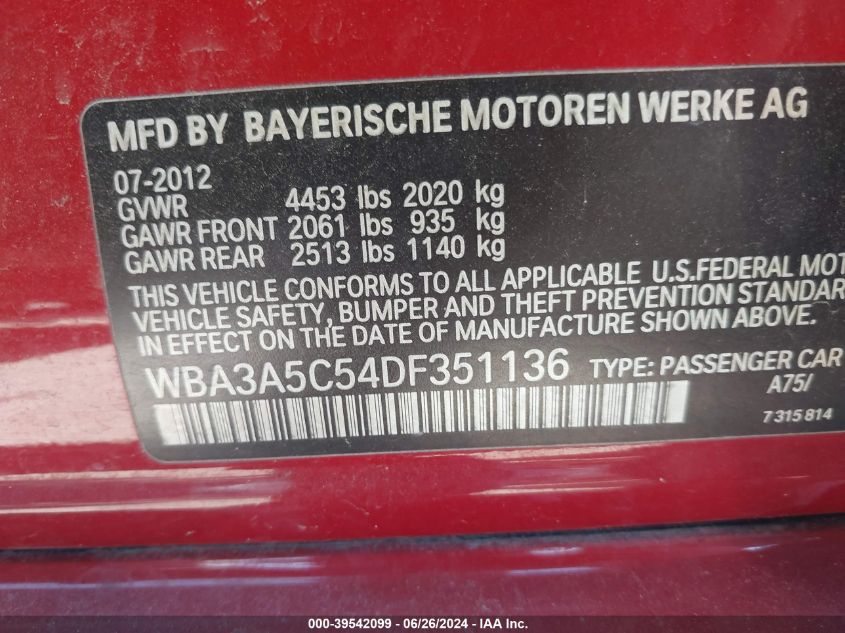 2013 BMW 328I VIN: WBA3A5C54DF351136 Lot: 39542099