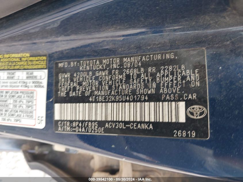2005 Toyota Camry Le VIN: 4T1BE32K95U401794 Lot: 39542100