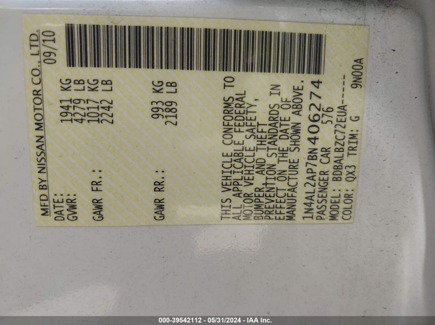 2011 Nissan Altima S VIN: 1N4AL2AP7BN406274 Lot: 39542112