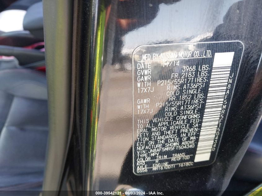 2015 Nissan Juke Sl VIN: JN8AF5MR5FT504340 Lot: 39542121