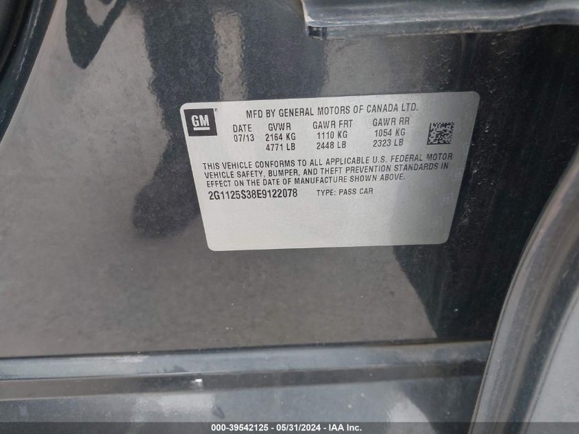 2014 Chevrolet Impala 2Lt VIN: 2G1125S38E9122078 Lot: 39542125