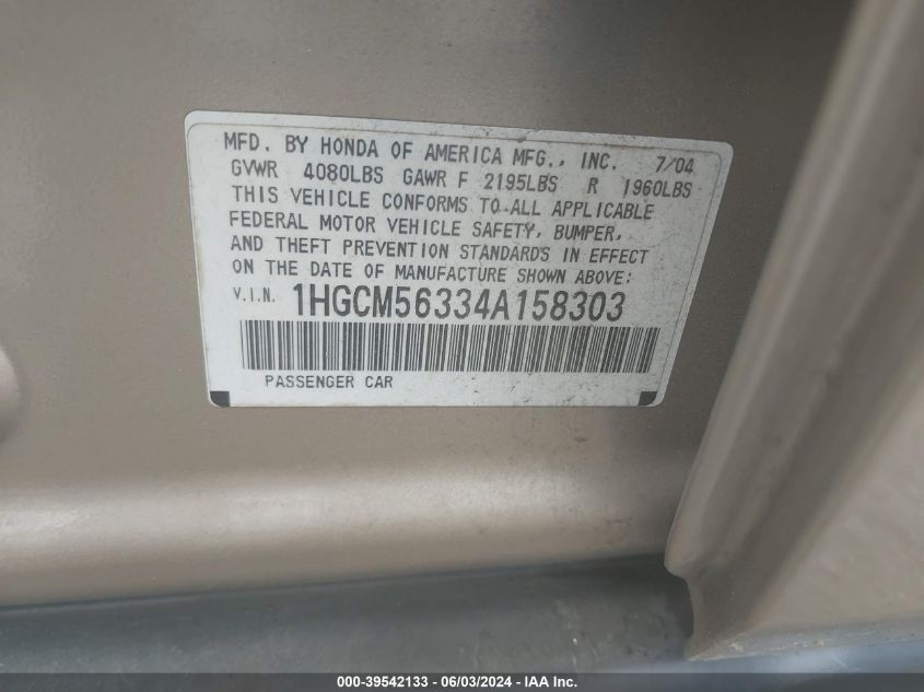 2004 Honda Accord 2.4 Lx VIN: 1HGCM56334A158303 Lot: 39542133