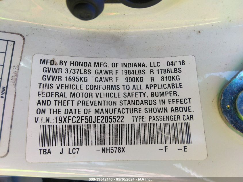 2018 Honda Civic Lx VIN: 19XFC2F50JE205522 Lot: 39542143