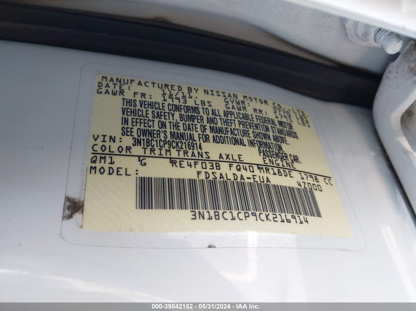 2012 Nissan Versa 1.8 S VIN: 3N1BC1CP9CK216914 Lot: 39542152