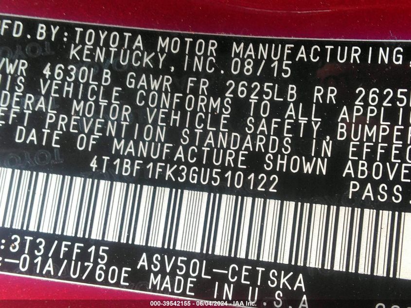 2016 Toyota Camry Se VIN: 4T1BF1FK3GU510122 Lot: 39542155