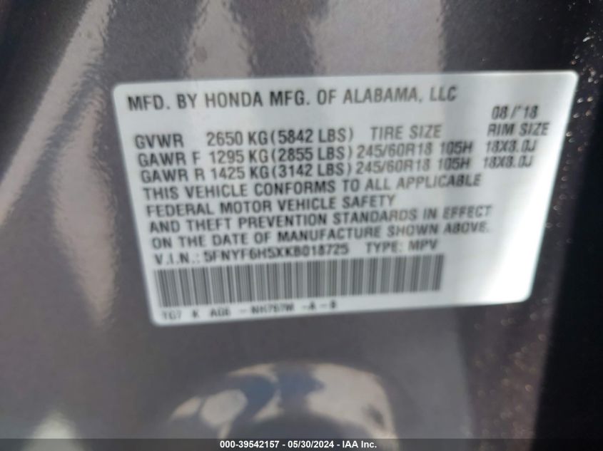 5FNYF6H5XKB018725 2019 Honda Pilot Ex-L