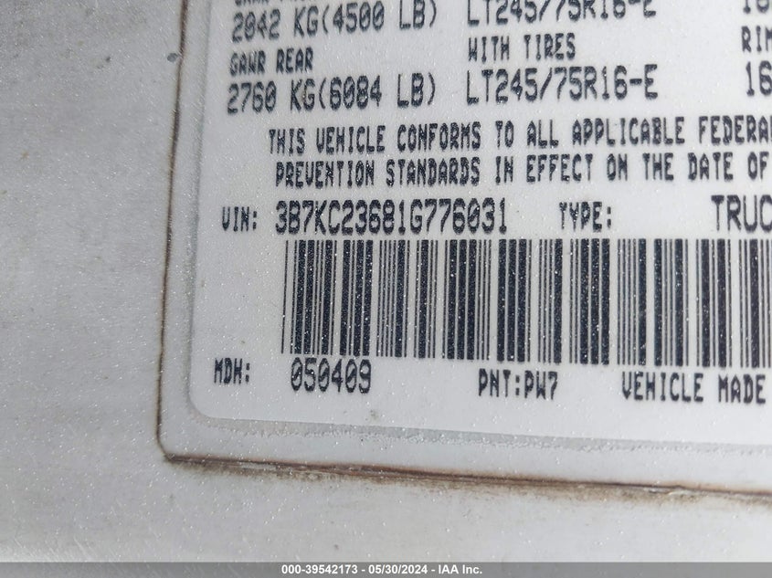 2001 Dodge Ram 2500 St VIN: 3B7KC23681G776031 Lot: 39542173