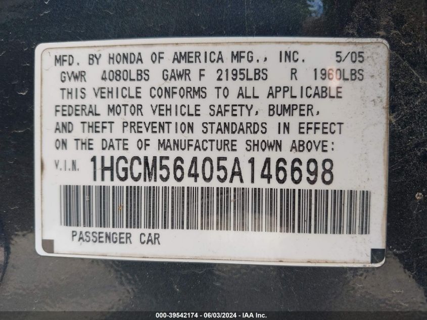 2005 Honda Accord 2.4 Lx VIN: 1HGCM56405A146698 Lot: 39542174