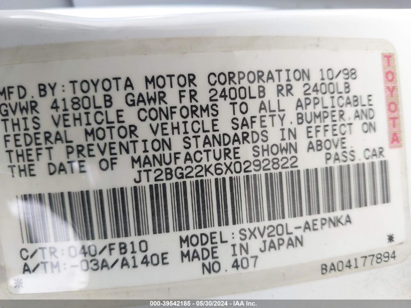 1999 Toyota Camry Le VIN: JT2BG22K6X0292822 Lot: 39542185