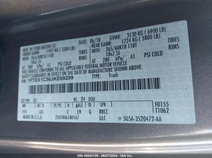2018 Ford F-150 Xlt VIN: 1FTEX1C56JKE69209 Lot: 39542189